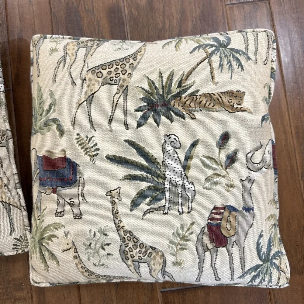 Vintage Needlepoint Safari Pillow Set 2 Elephant Camel Giraffe Tiger Animal‎ Art